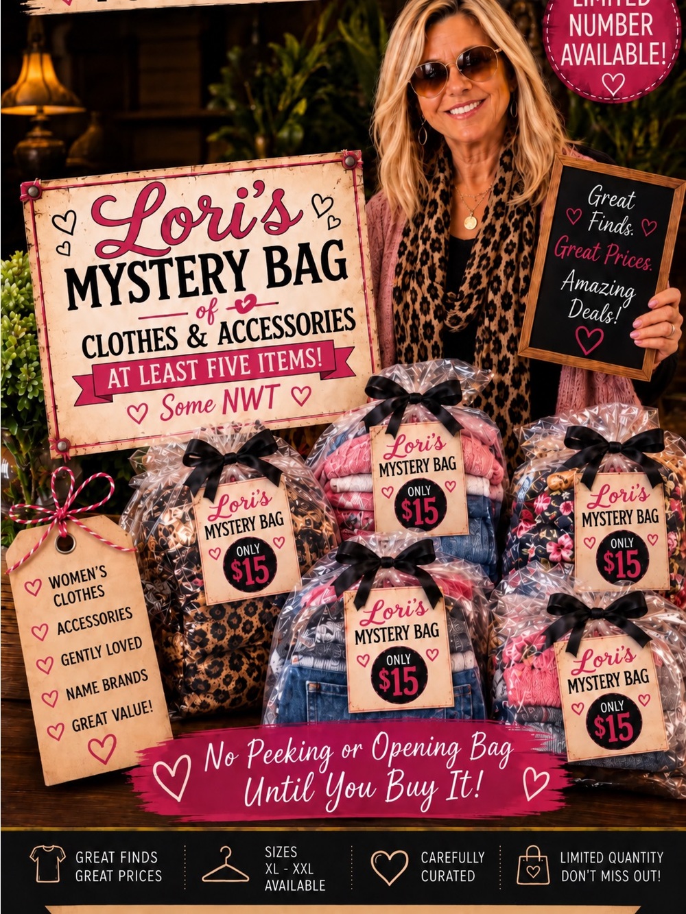 Lori's Mystery Bag of Women's Clothes & Accessories (Pink, Blue, Leopard)